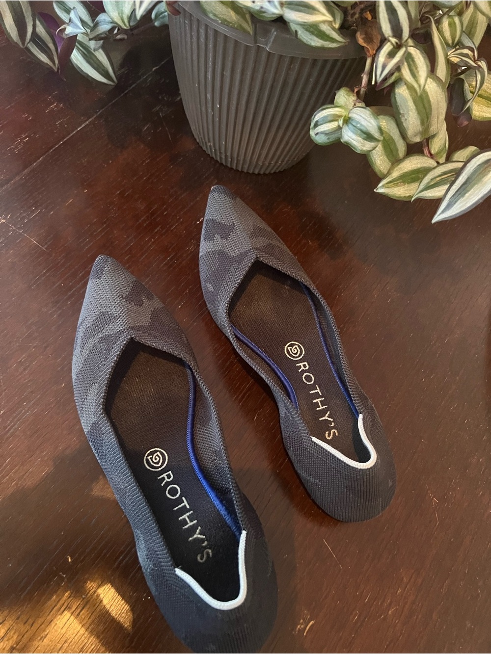 Rothy's Pointed Slip-On Flats in Navy and Gray Camo